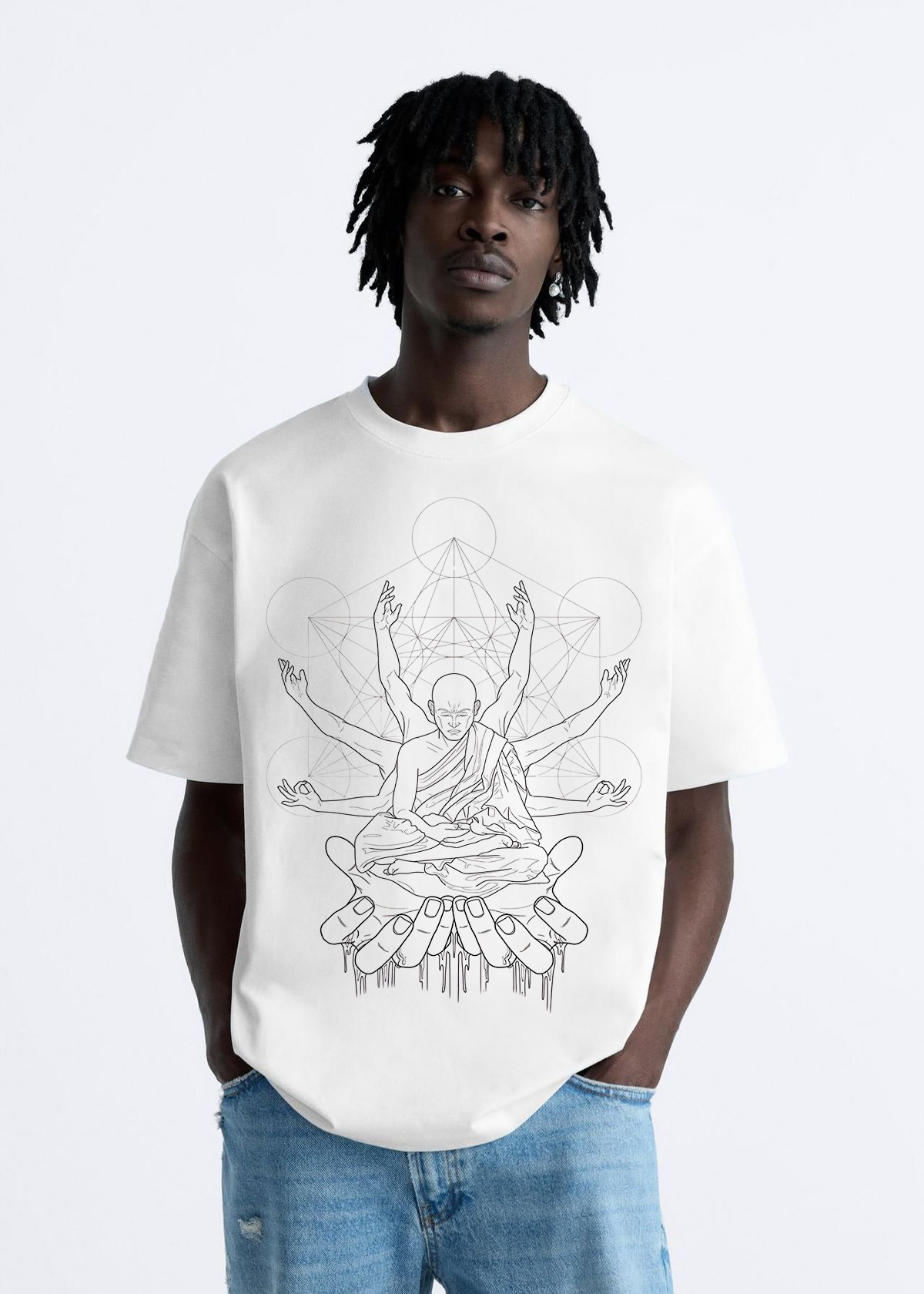 Person wearing a white t-shirt with a black line drawing design on a plain background